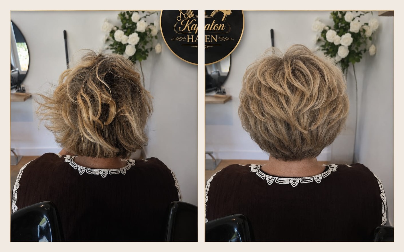 Before en after van een kort blond kapsel met volume